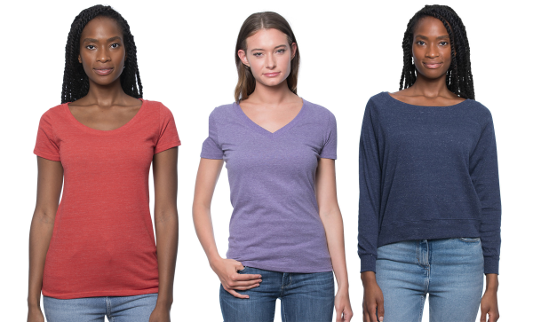 Womnen's scoop neck, v-neck, and pullover crew options, all made in USA